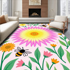 Pink Yellow Floral Garden Bee Whimsical Rug