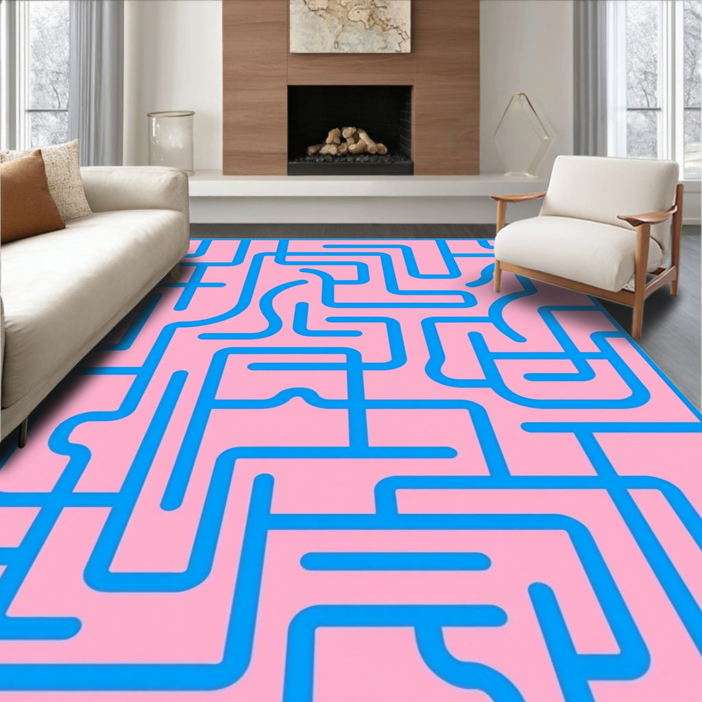 Pink Blue Maze Lines Rug