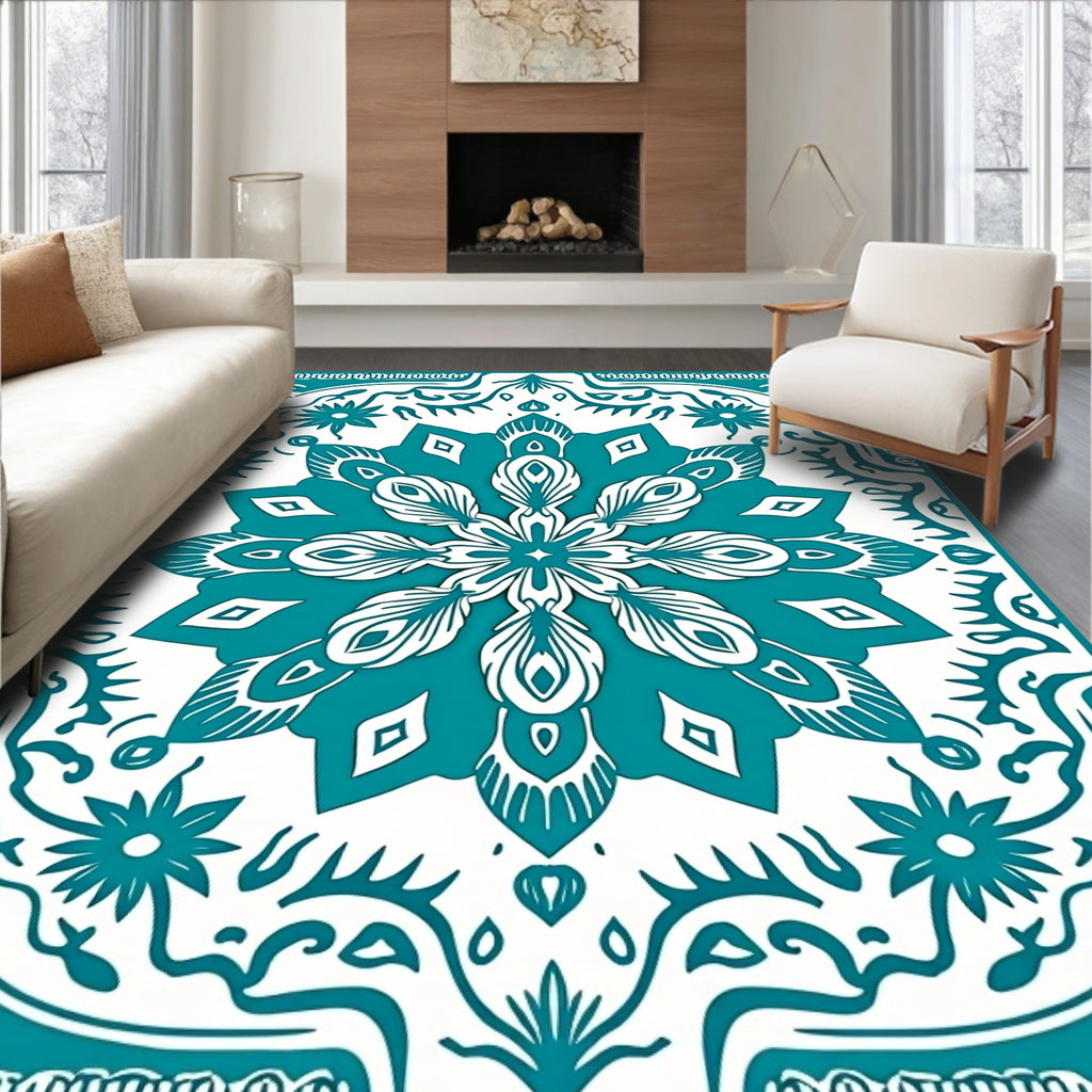 Teal White Floral Medallion Harmony Rug