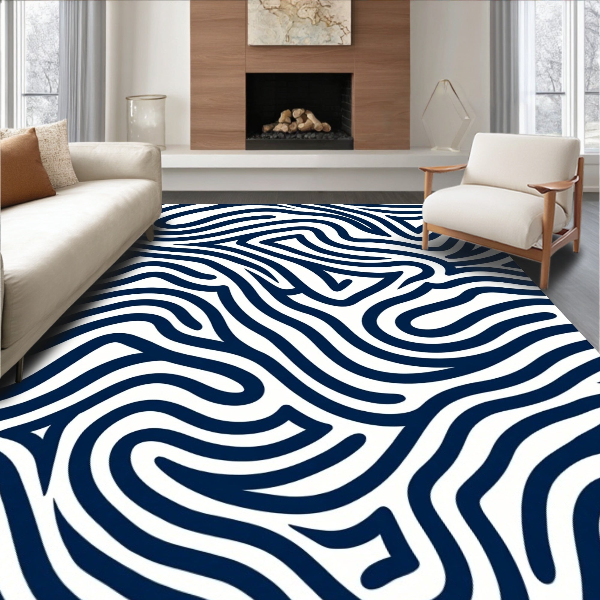 Deep Blue Organic Contour Lines Rug