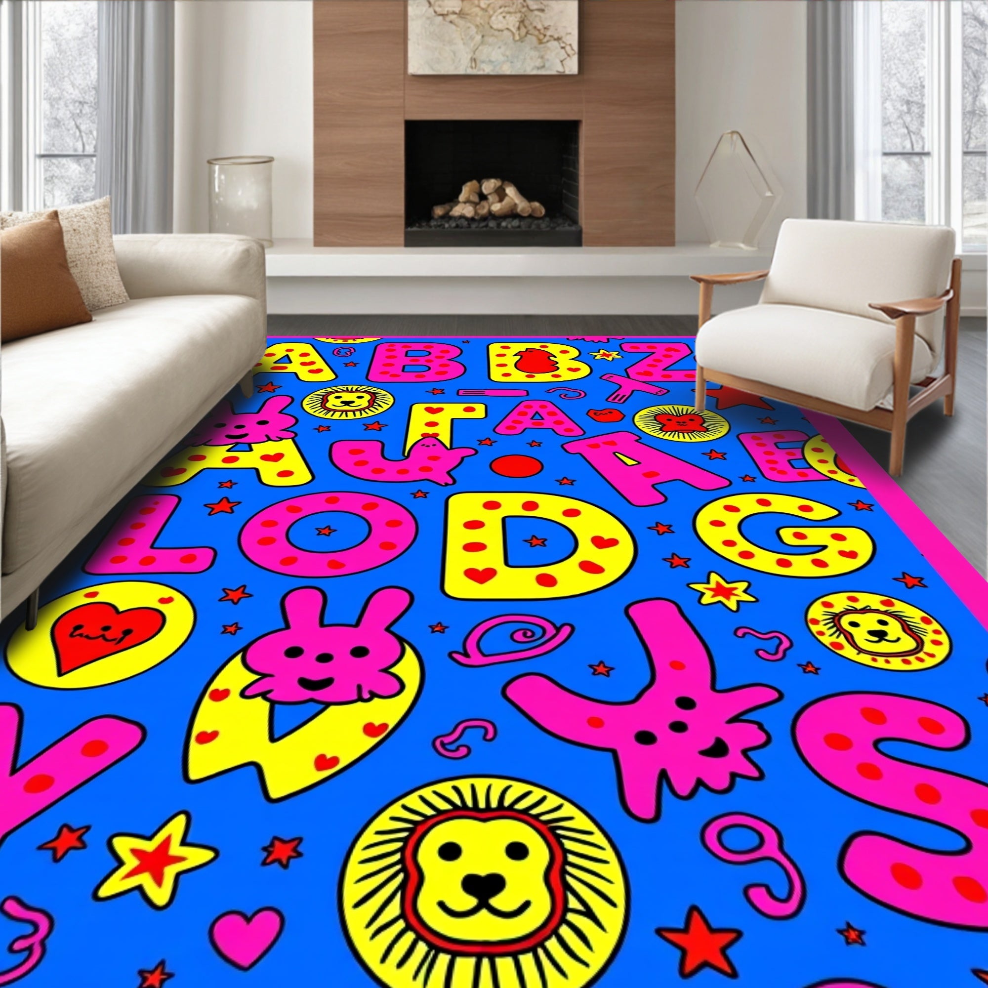 Alphabet Animals Yellow Pink Blue Rug