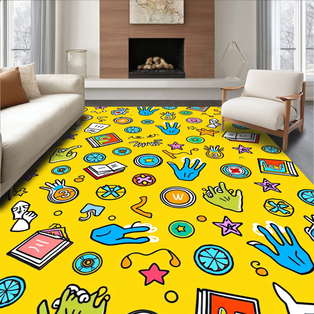 Whimsical Yellow Pop Art Collage Rug