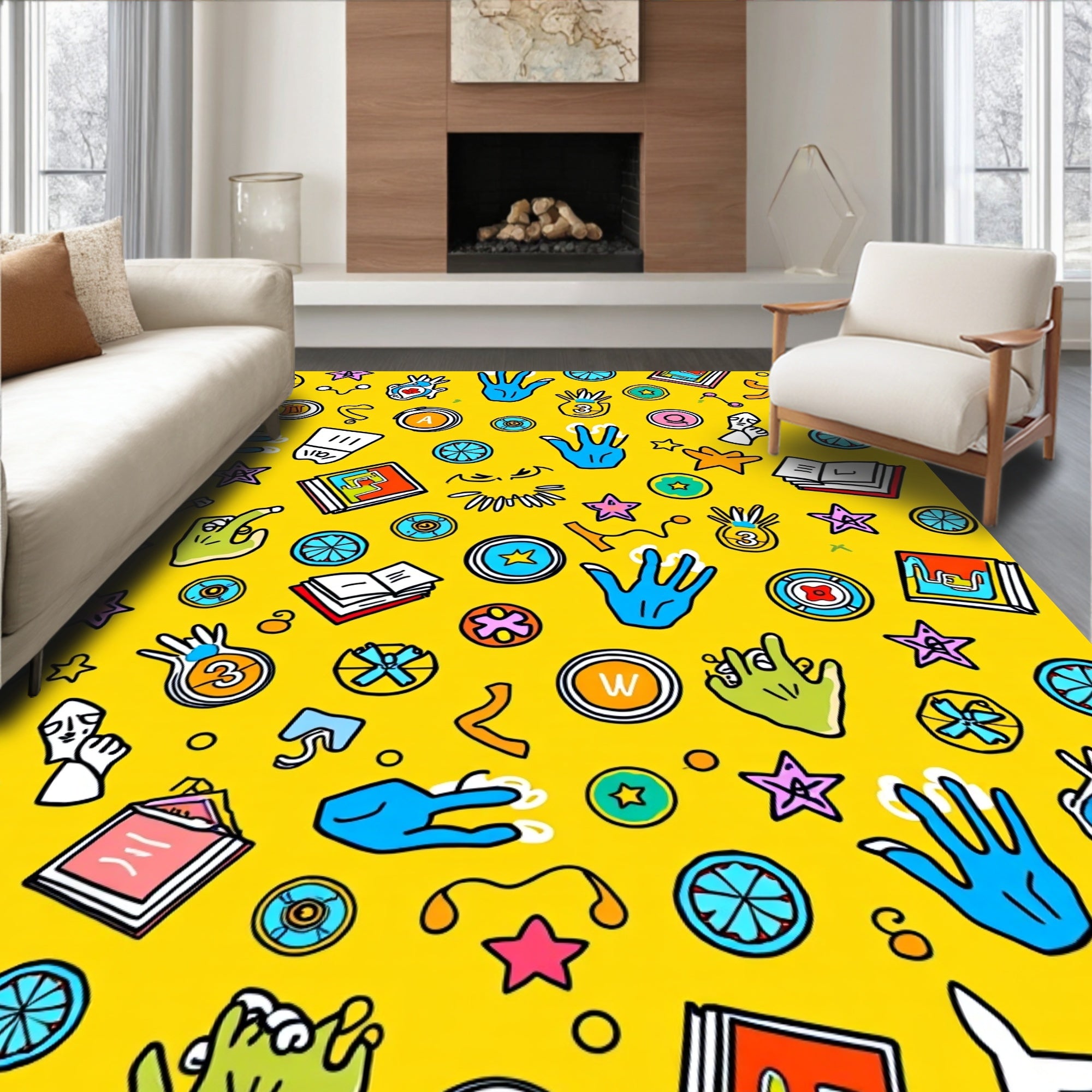 Whimsical Yellow Pop Art Collage Rug