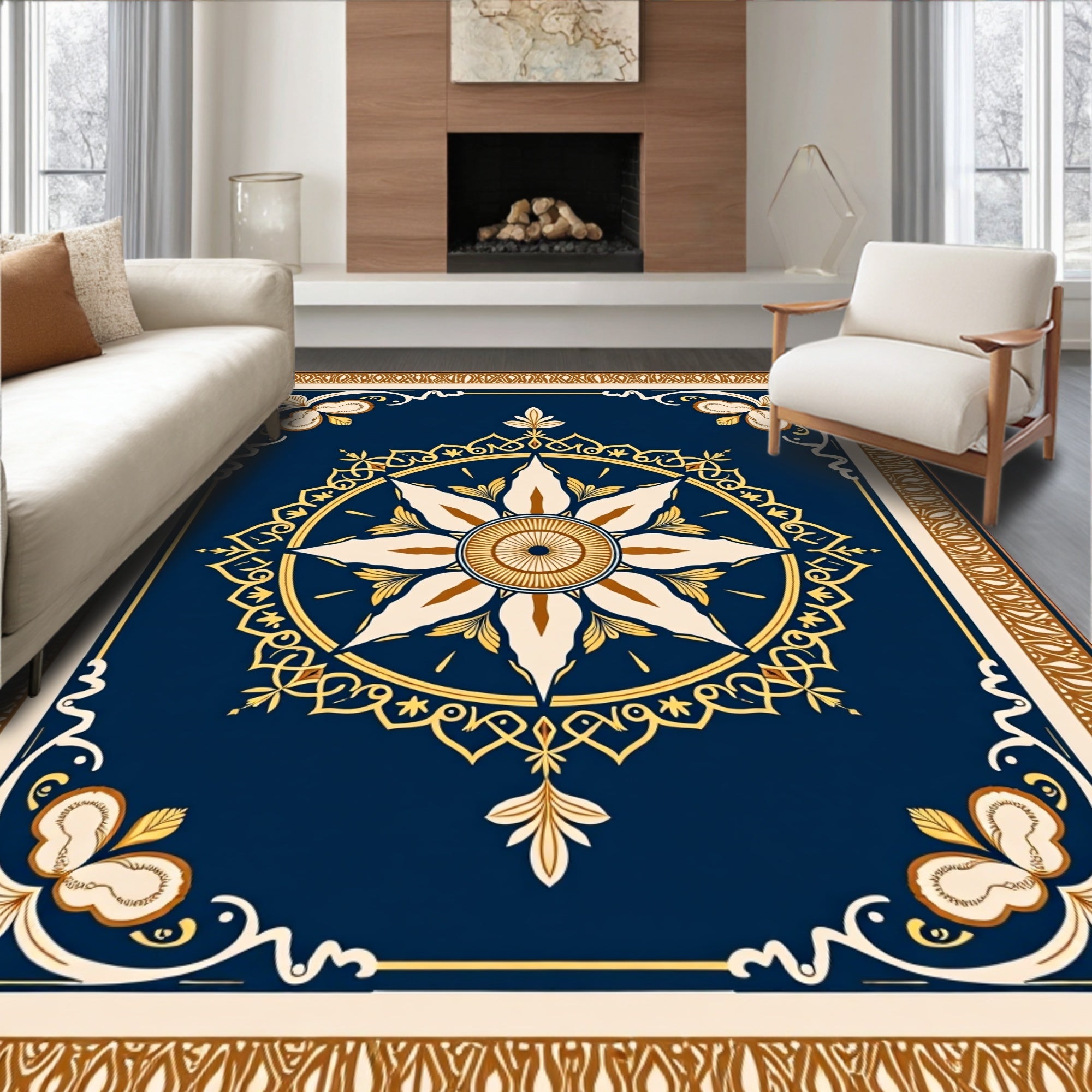 Navy Gold Floral Medallion Manor Rug