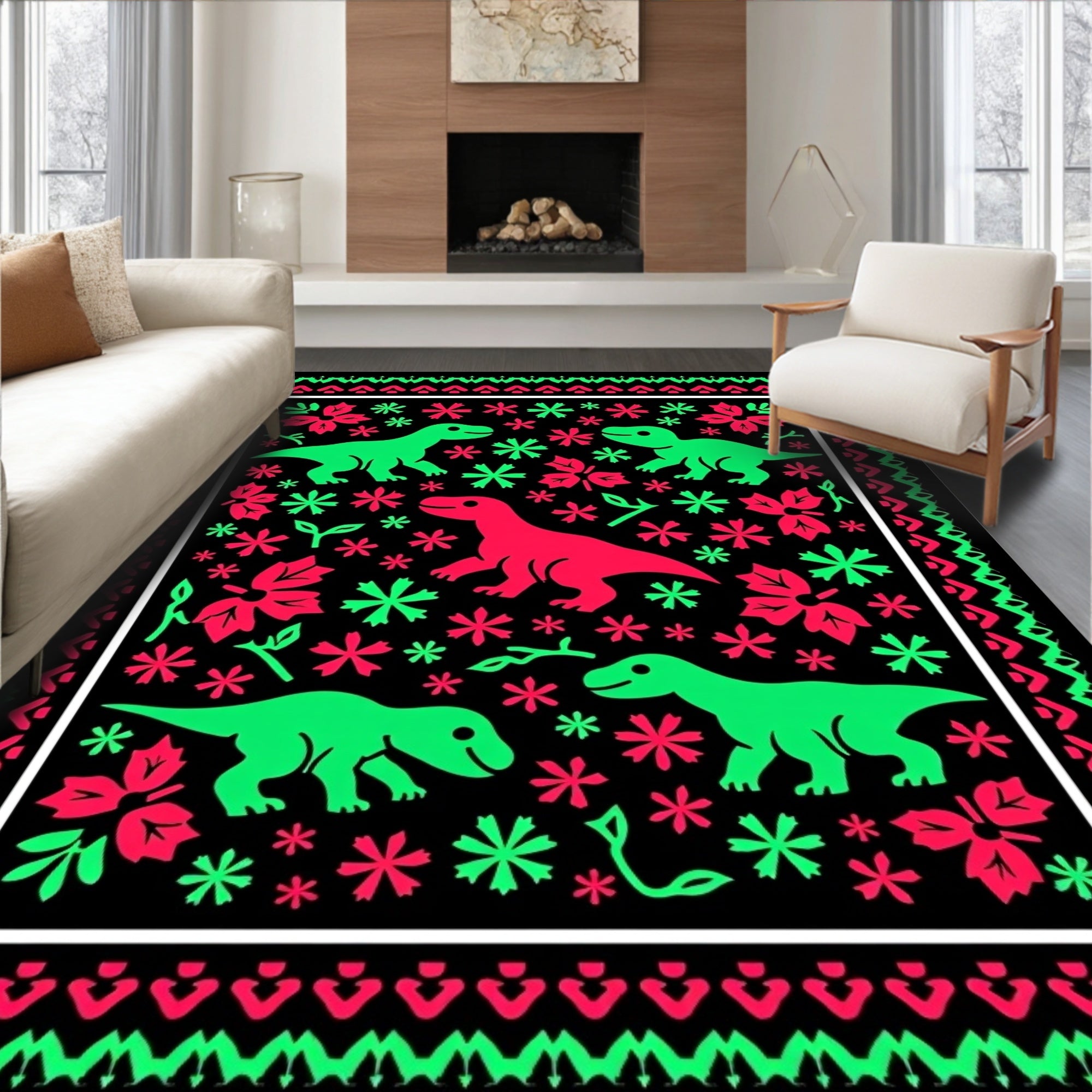 Dinosaur Flower Garden Black Rug