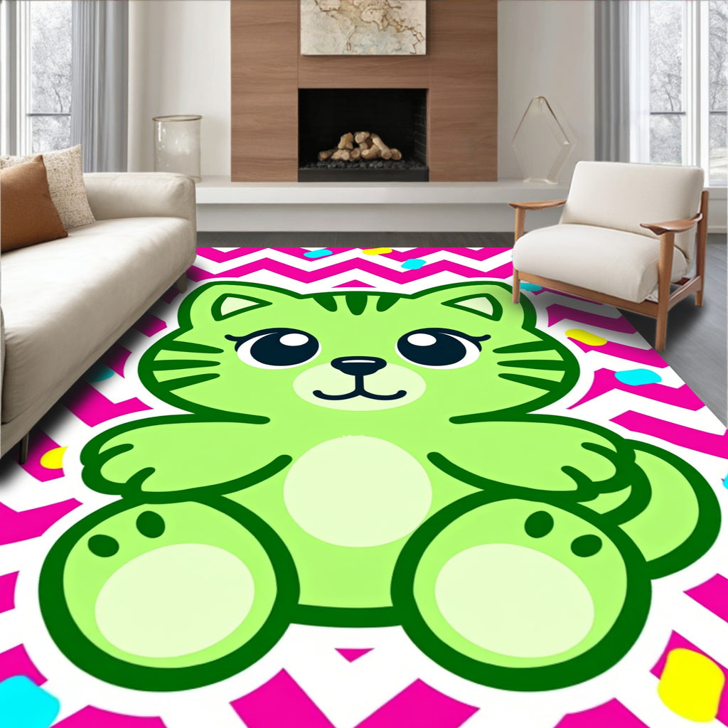 Lime Green Kawaii Cat Zigzag Confetti Rug