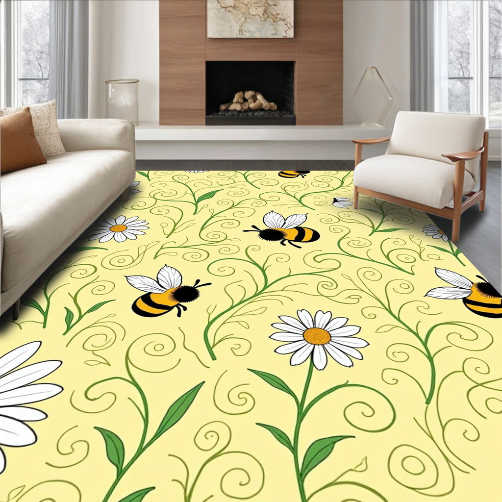 Whimsical Bee Daisy Swirls Garden Rug