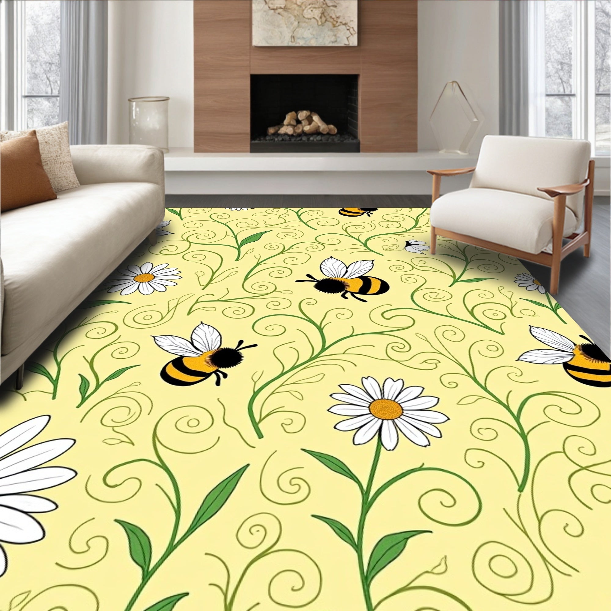 Whimsical Bee Daisy Swirls Garden Rug