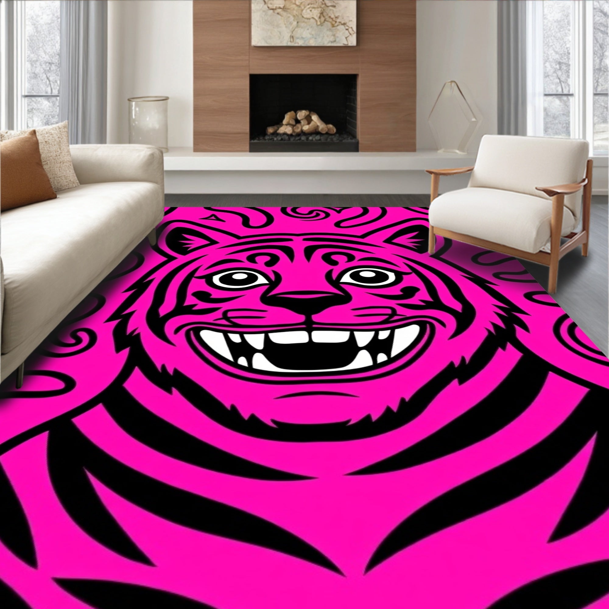 Vibrant Pink Black Tiger Swirls Rug