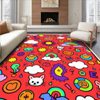 Whimsical Red Cartoon Friends Rainbow Rug