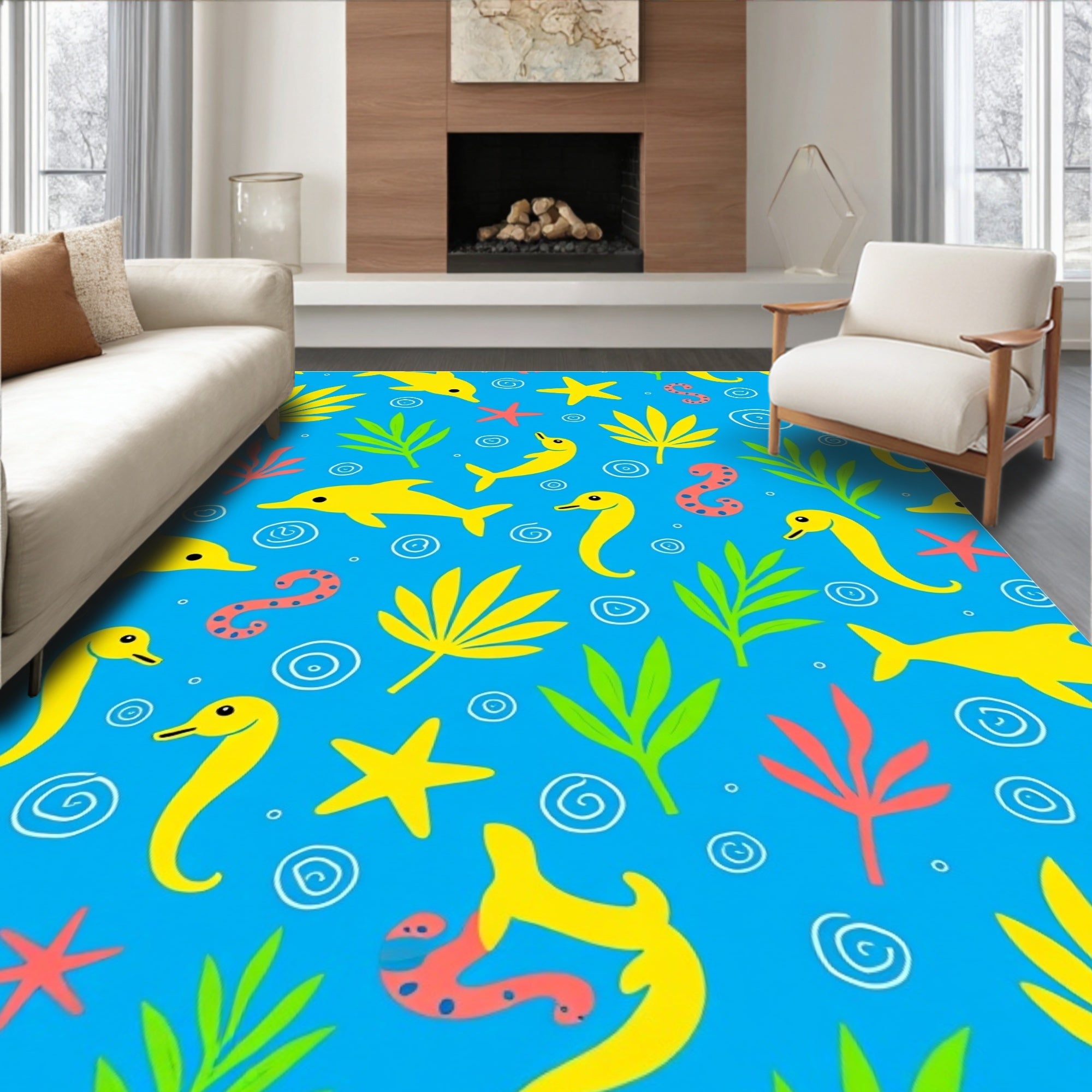 Playful Yellow Sea Creatures Blue Rug