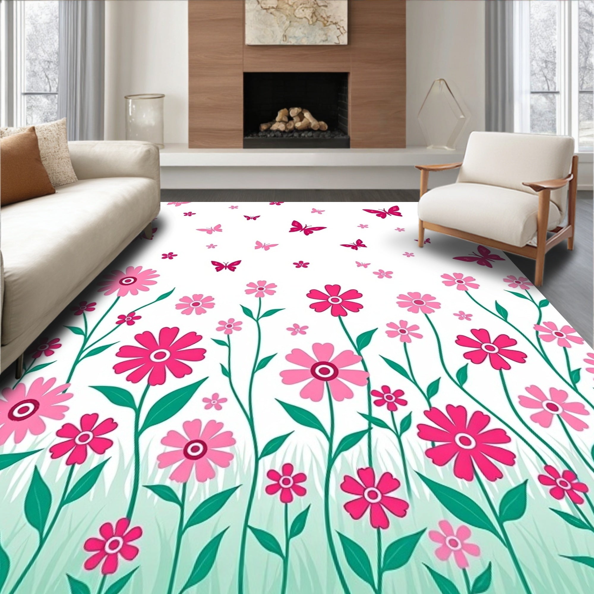 Pink Meadow Floral Butterfly Bloom Rug