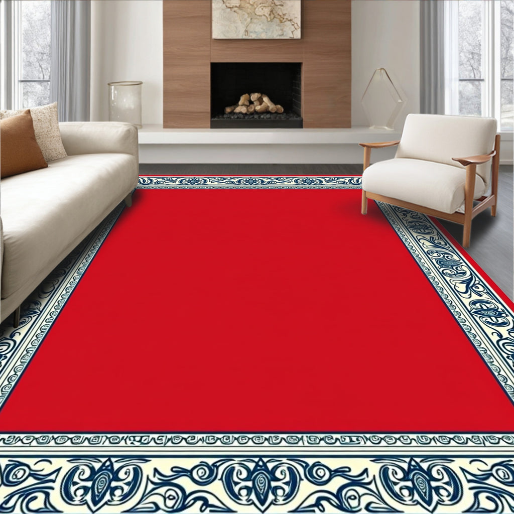 Crimson Cream Navy Scrollwork Border Rug