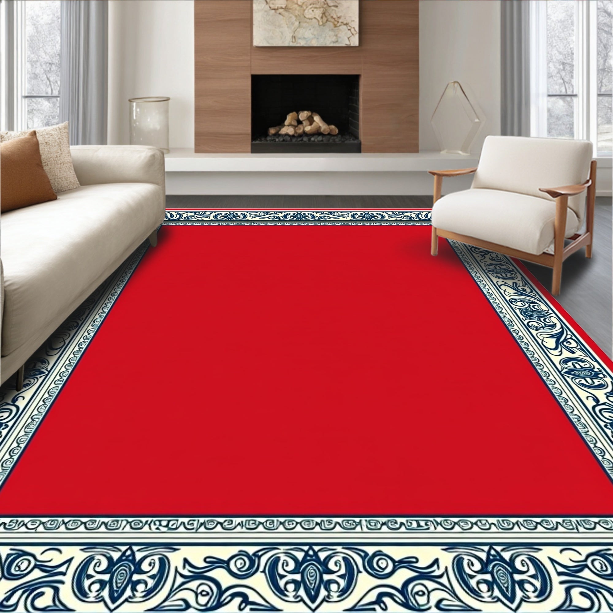 Crimson Cream Navy Scrollwork Border Rug