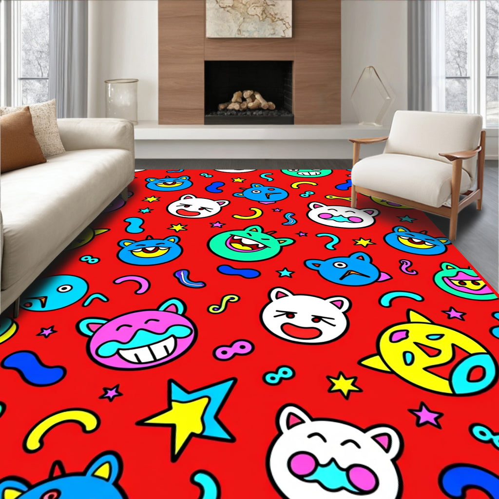 Bright Red Cheerful Monster Collage Rug