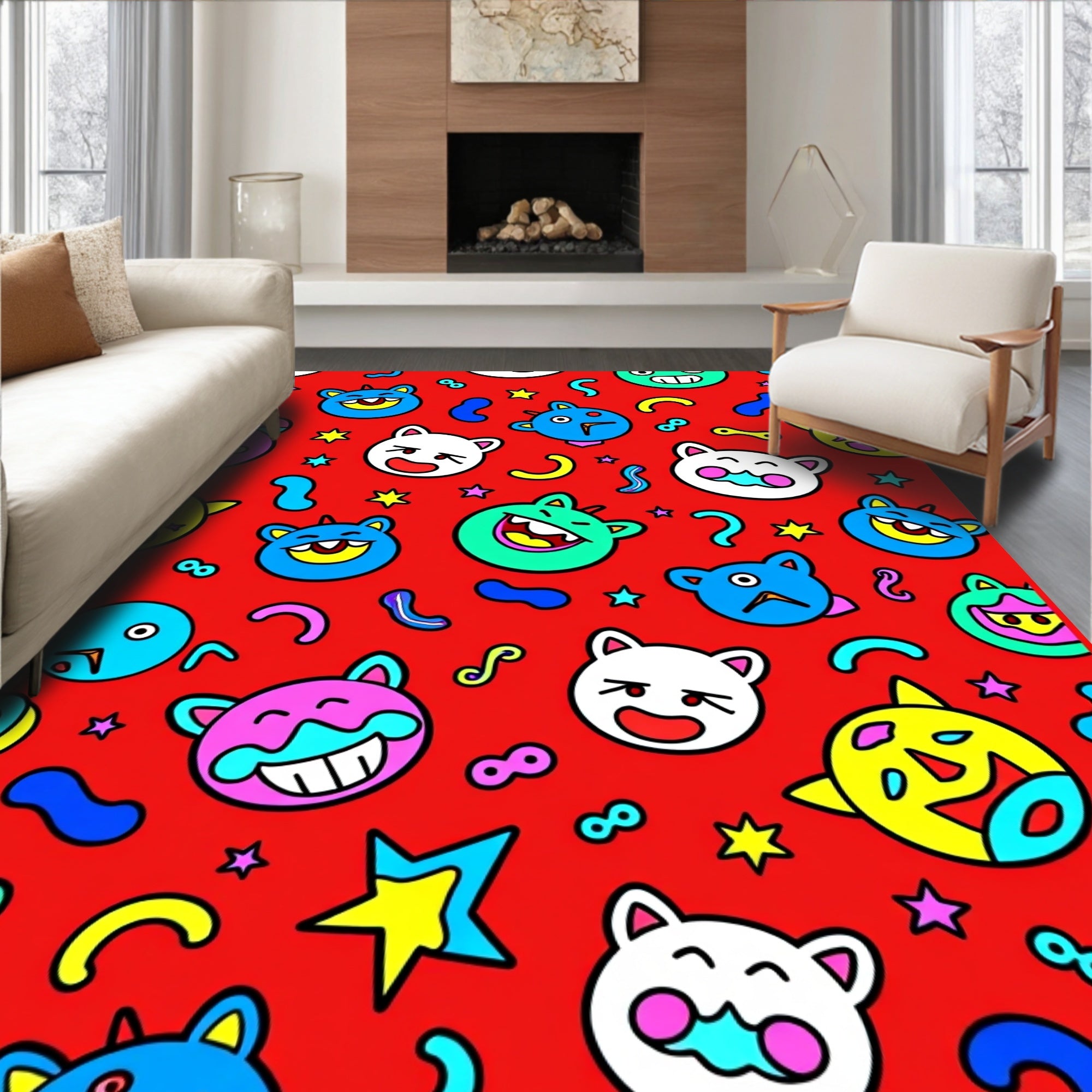 Bright Red Cheerful Monster Collage Rug