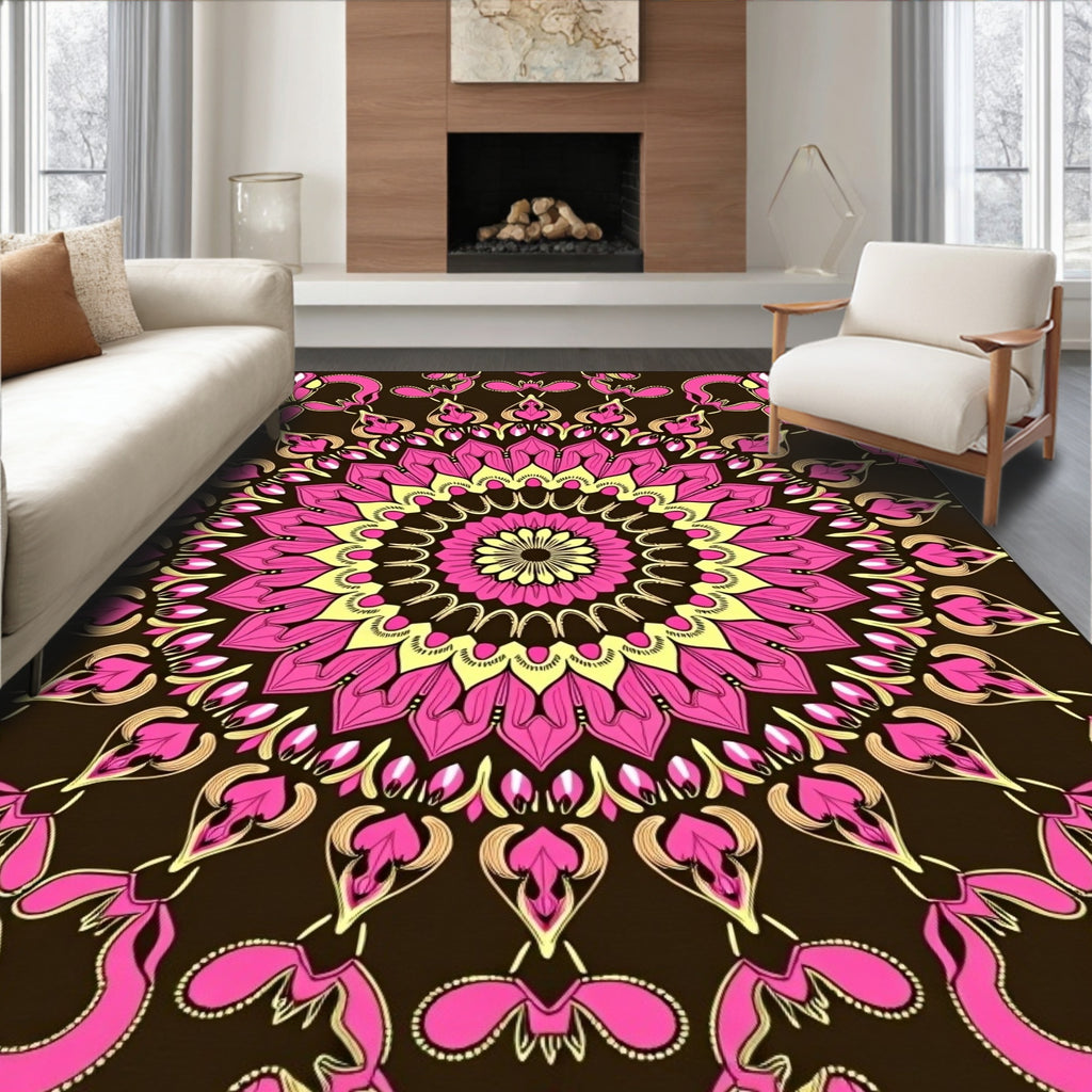 Vibrant Pink Yellow Floral Medallion Rug