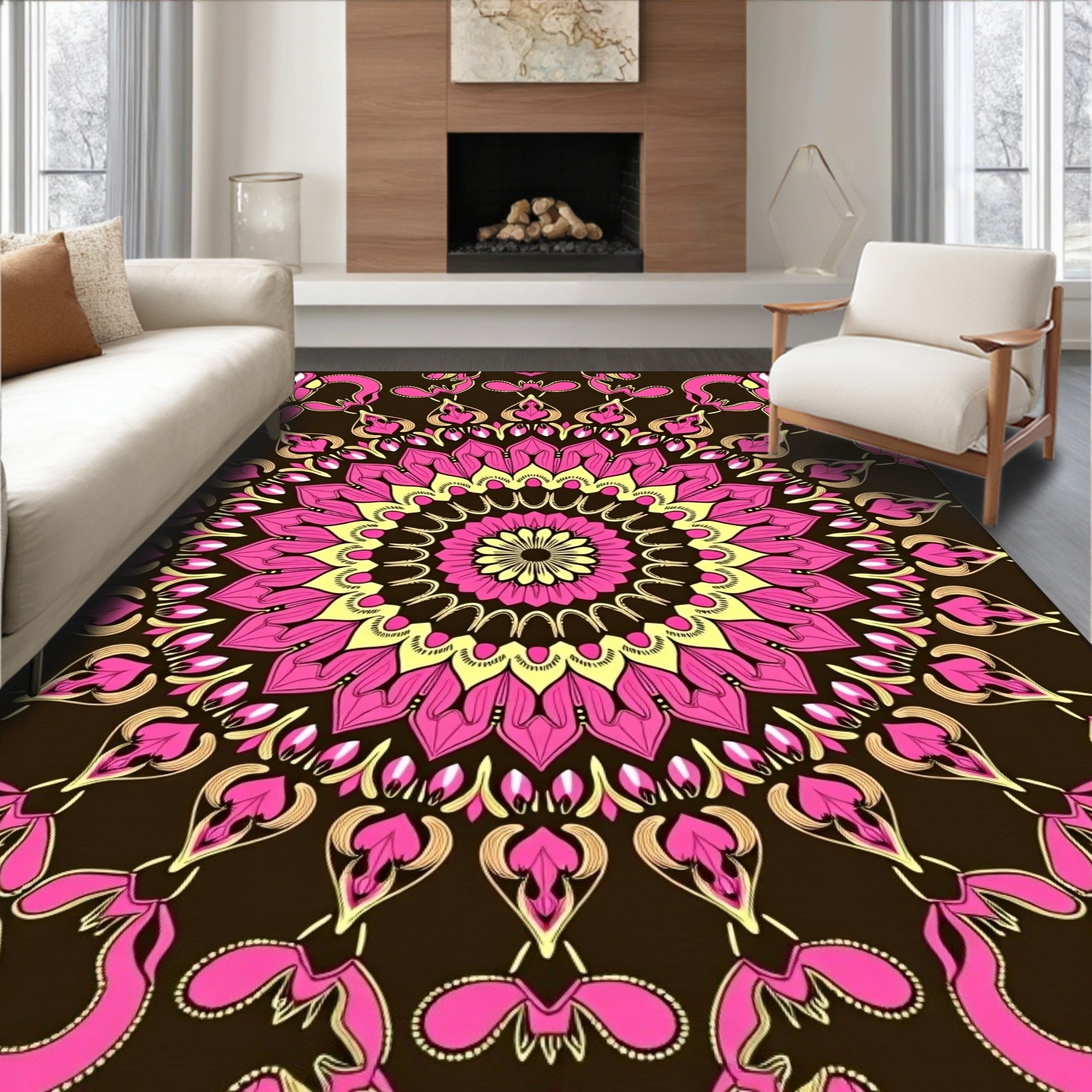 Vibrant Pink Yellow Floral Medallion Rug
