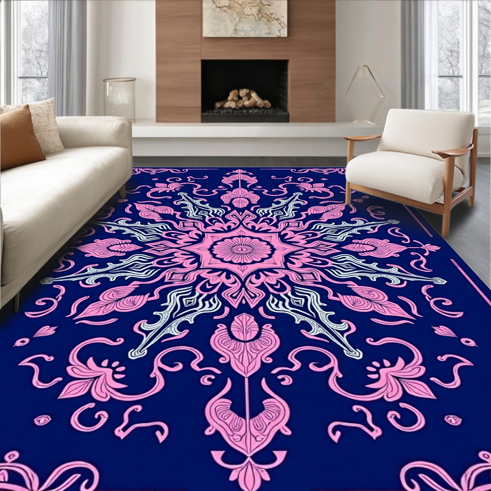 Pink Floral Mandala Navy Blue Rug