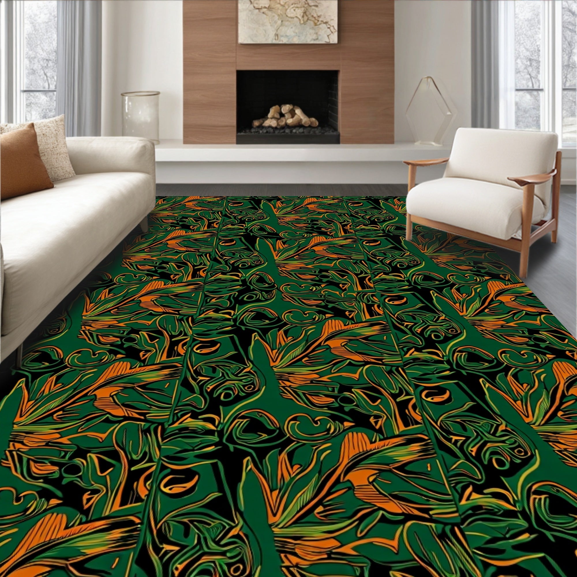 Jungle Emerald Orange Swirl Motif Rug