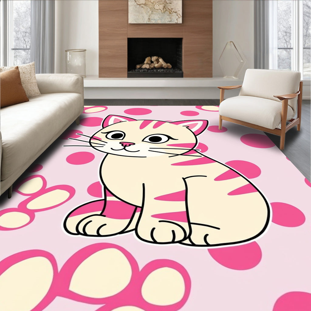 Sweet Pink Striped Kitten Polka Dot Rug