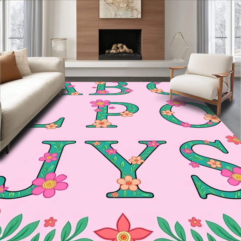 Teal Floral Alphabet Pink Rug