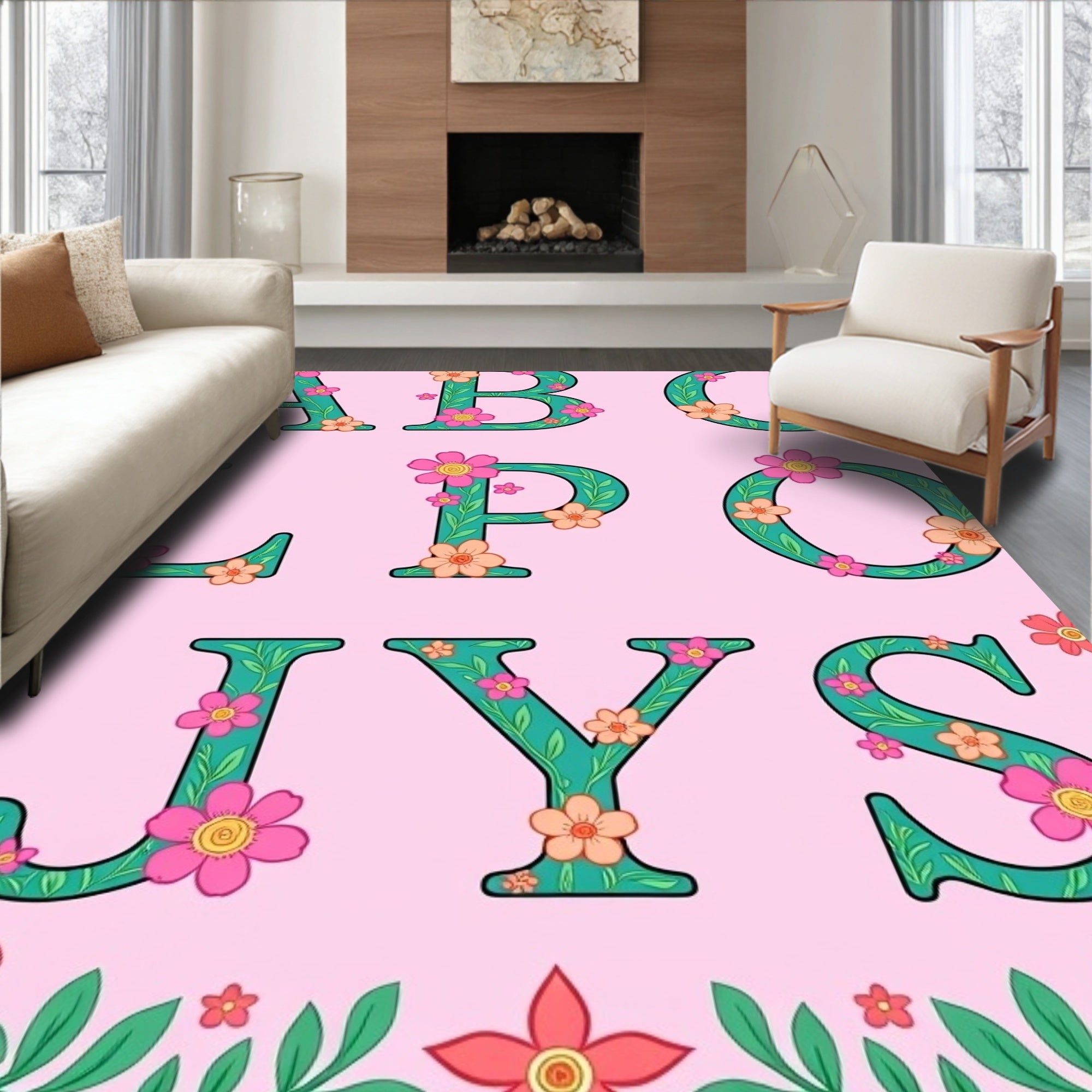 Teal Floral Alphabet Pink Rug