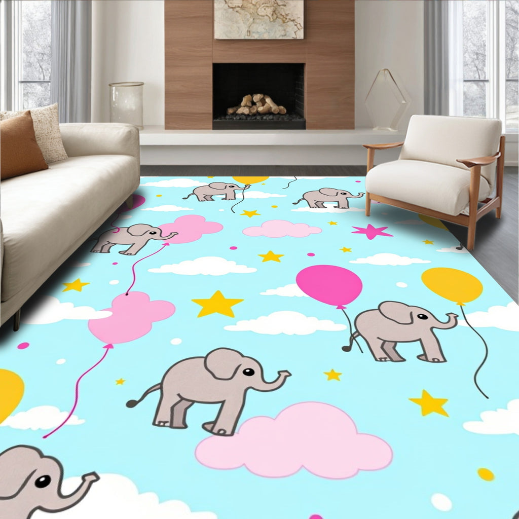Whimsical Elephants With Pink Yellow Balloons Rug