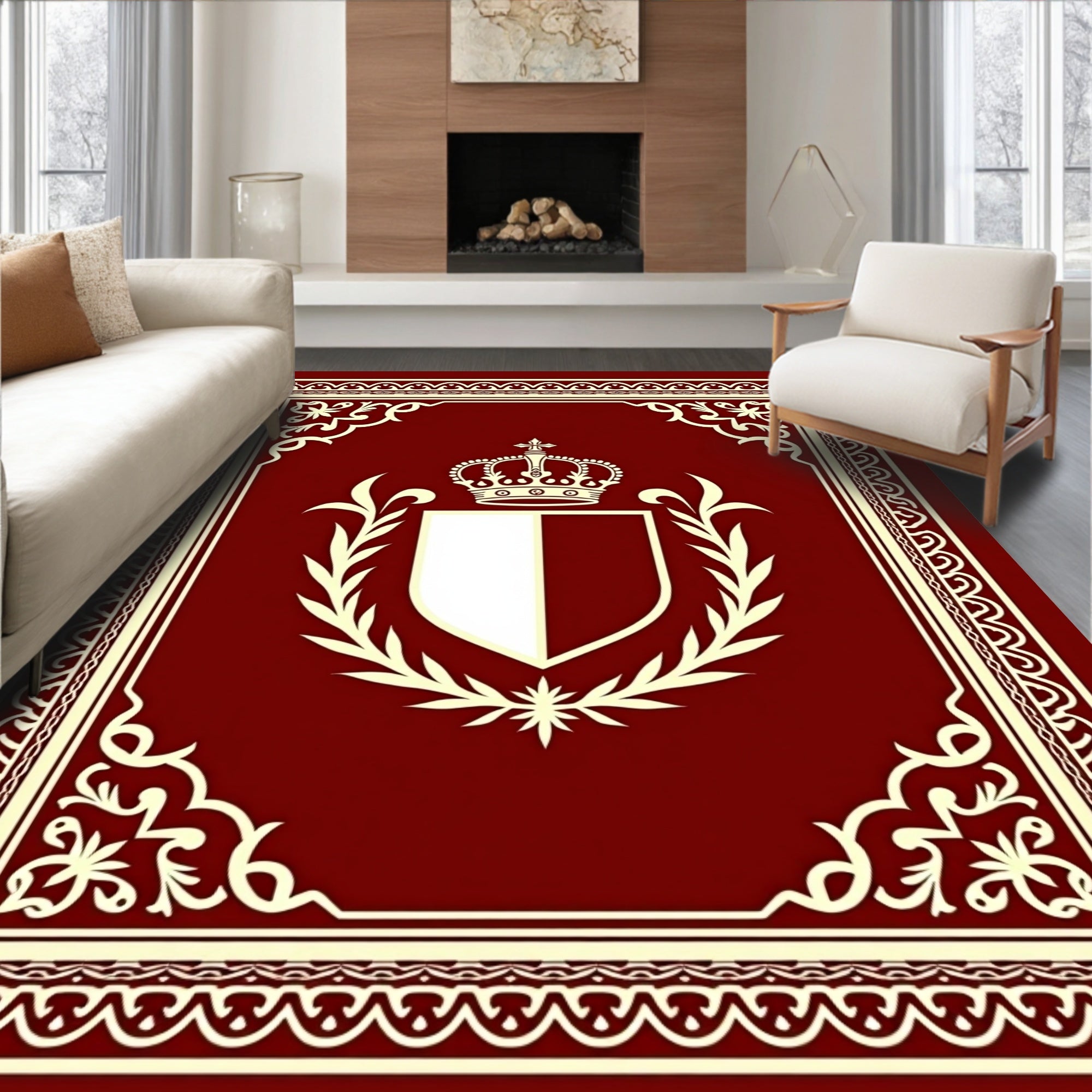 Burgundy Crowned Coat of Arms Crest Rug