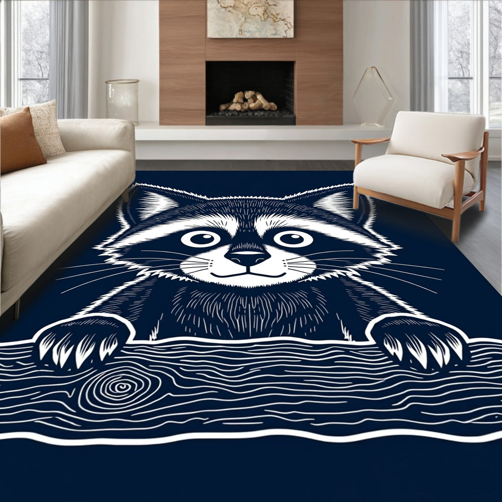 Whimsical Raccoon Wood Texture Graphic Rug