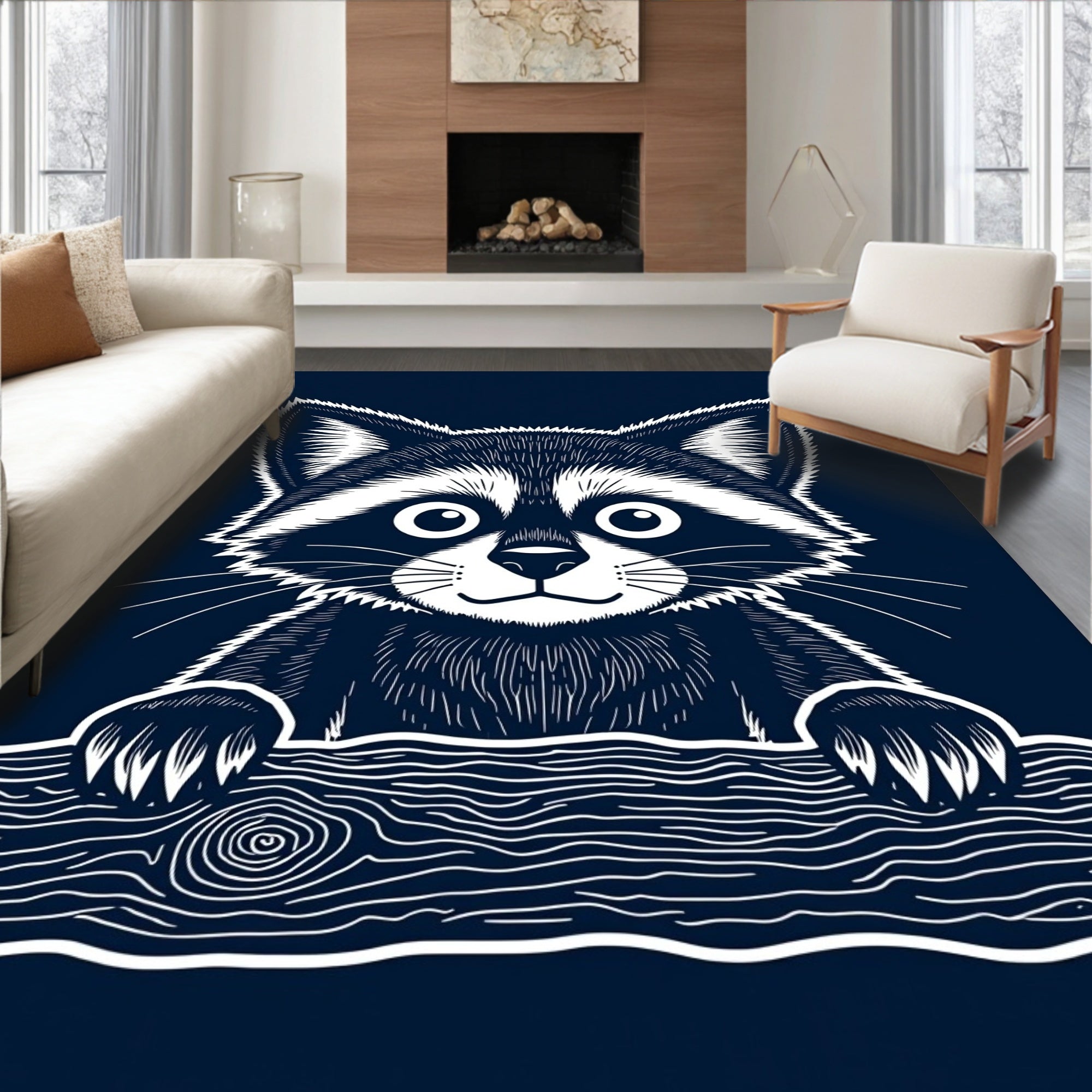 Whimsical Raccoon Wood Texture Graphic Rug