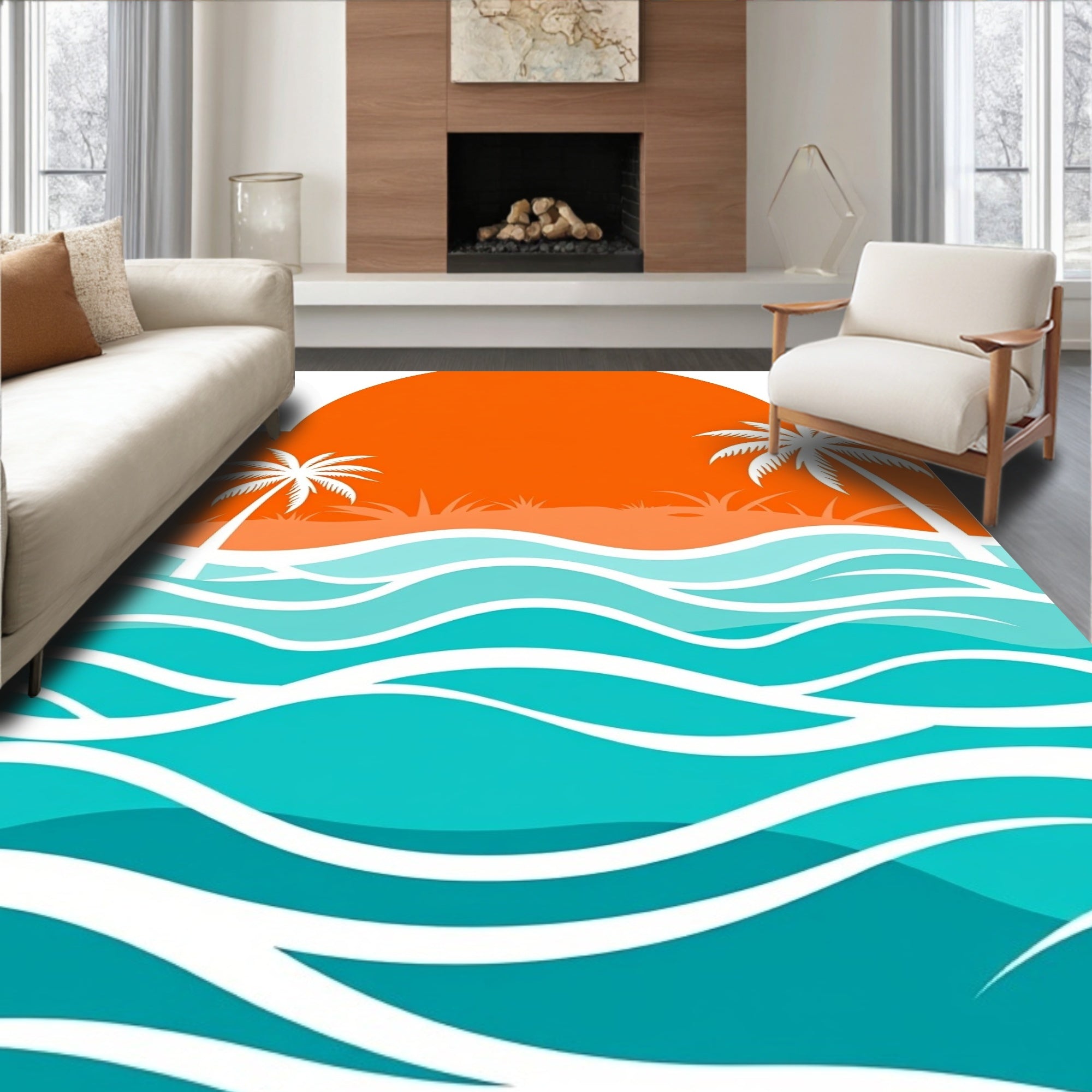 Sunset Palms Ocean Waves Rug