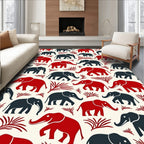 Red And Navy Elephants On Cream Rug