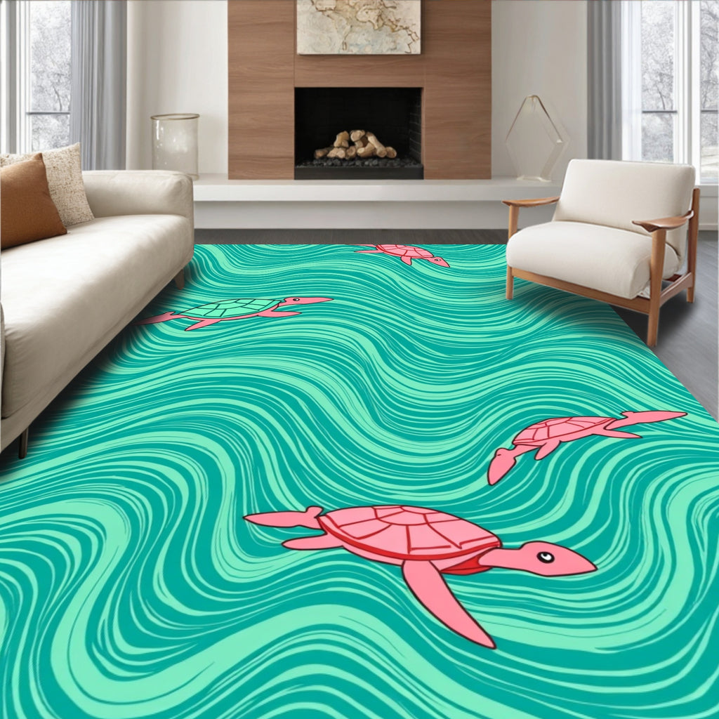 Coral Turtle Ocean Wave Scene Rug