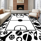 Whimsical Black and White Sports Collage Rug