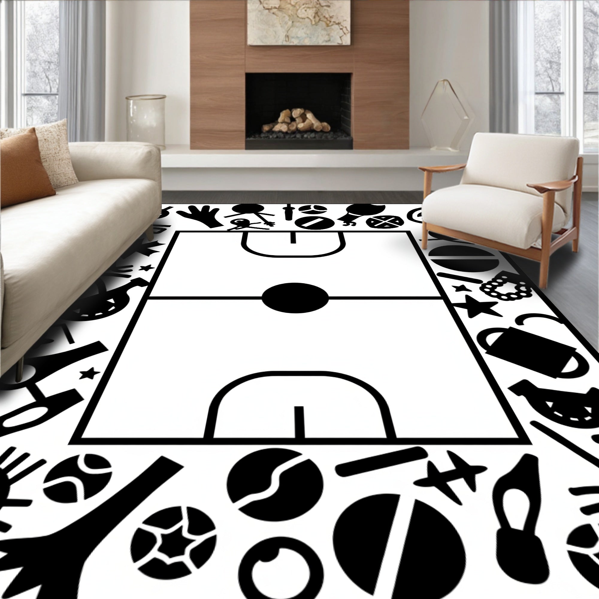 Whimsical Black and White Sports Collage Rug