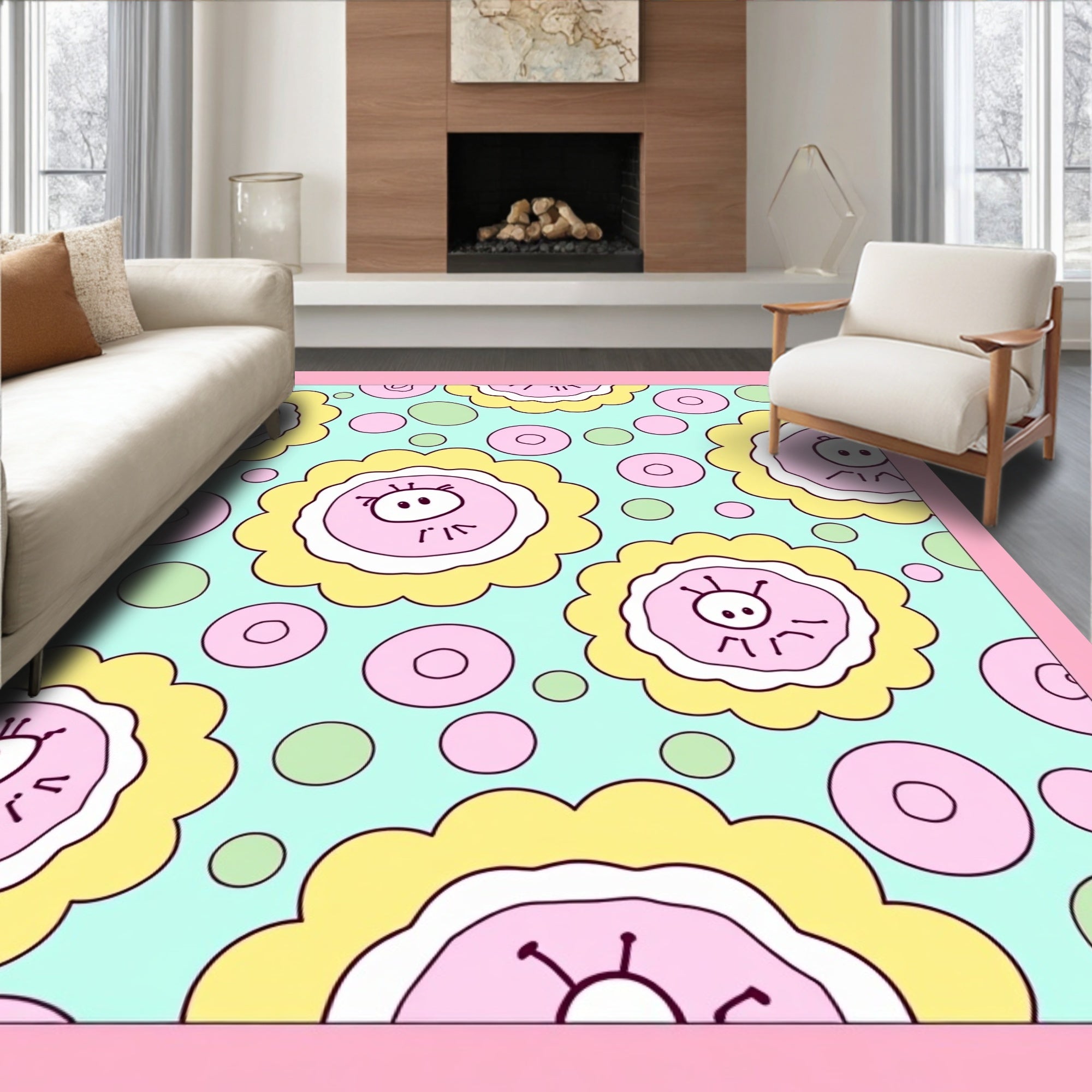 Whimsical Pink Flower Circles Rug