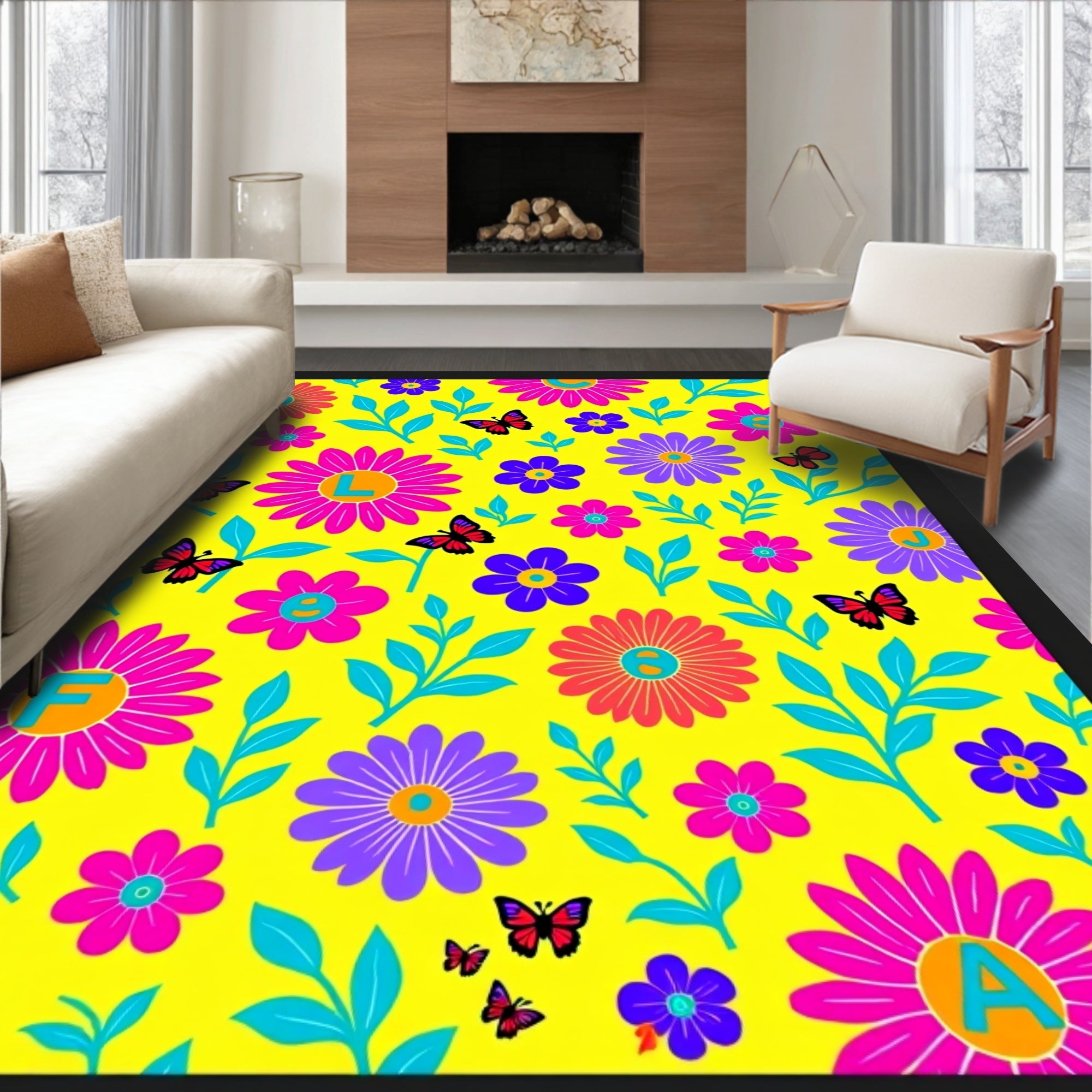 Vibrant Floral Butterfly Medallion Background Rug