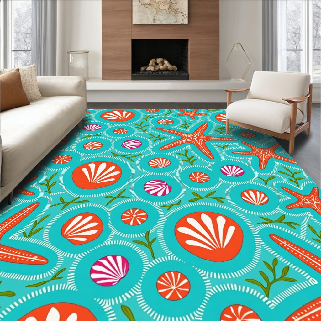 Orange Starfish Shell Aquatic Circles Rug