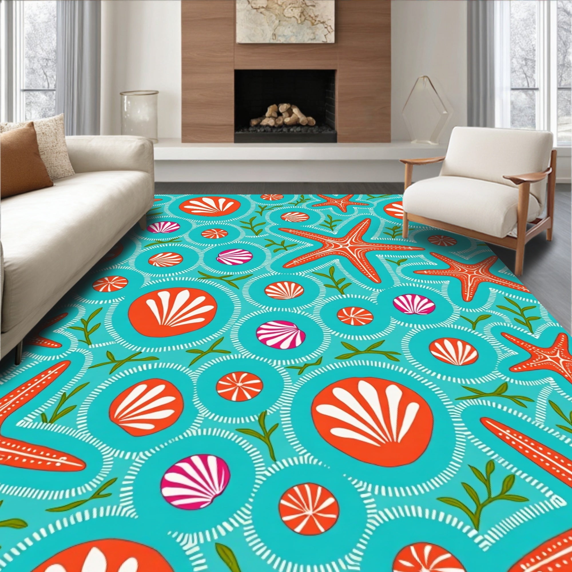 Orange Starfish Shell Aquatic Circles Rug
