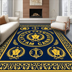 Navy Gold Laurel Emblem Round Rug