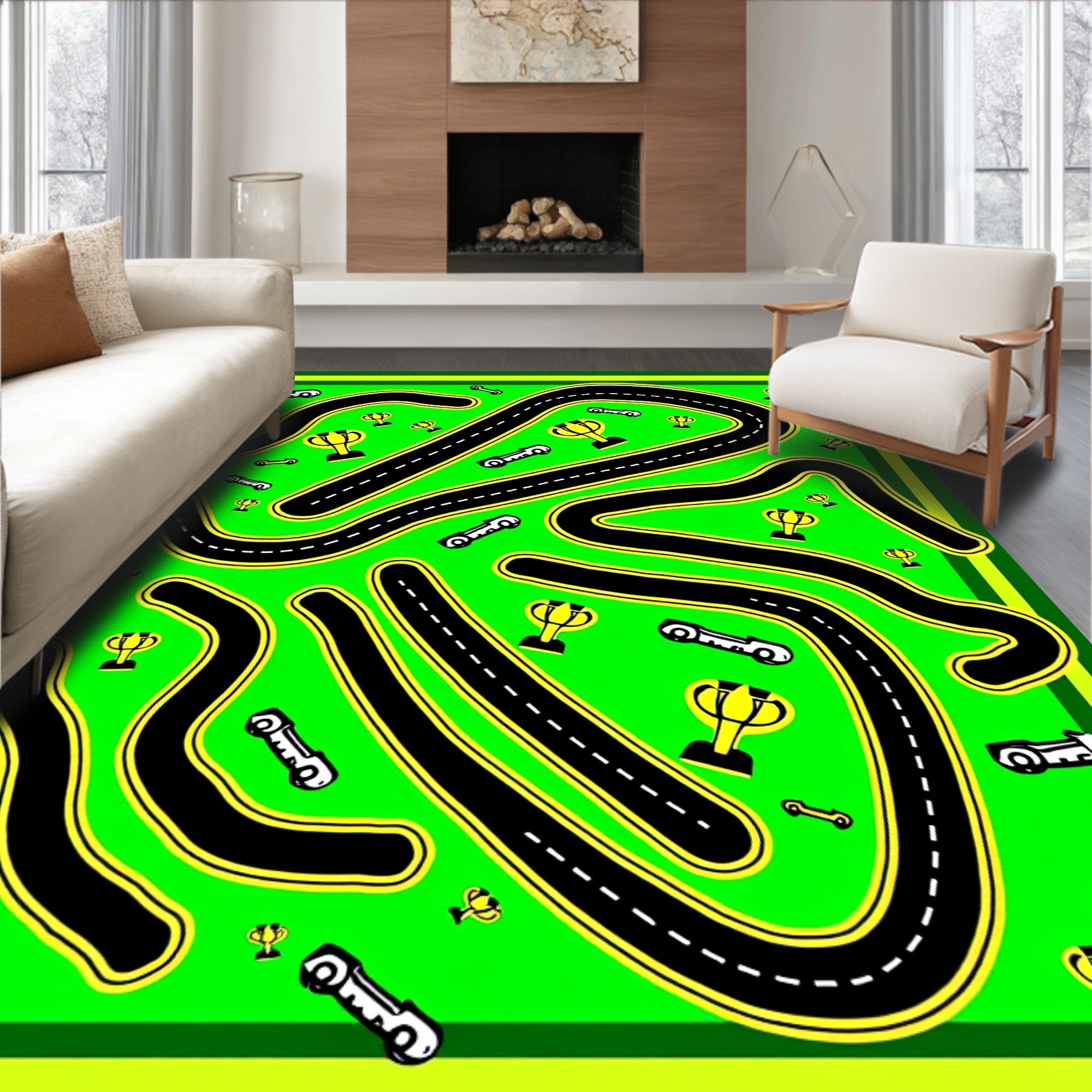 Race Track Cars and Trophies Bright Rug
