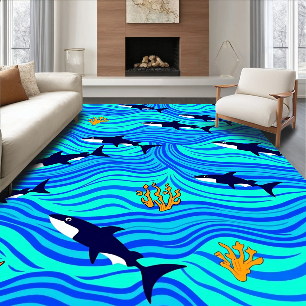 Orcas Swirling Ocean Waves Rug