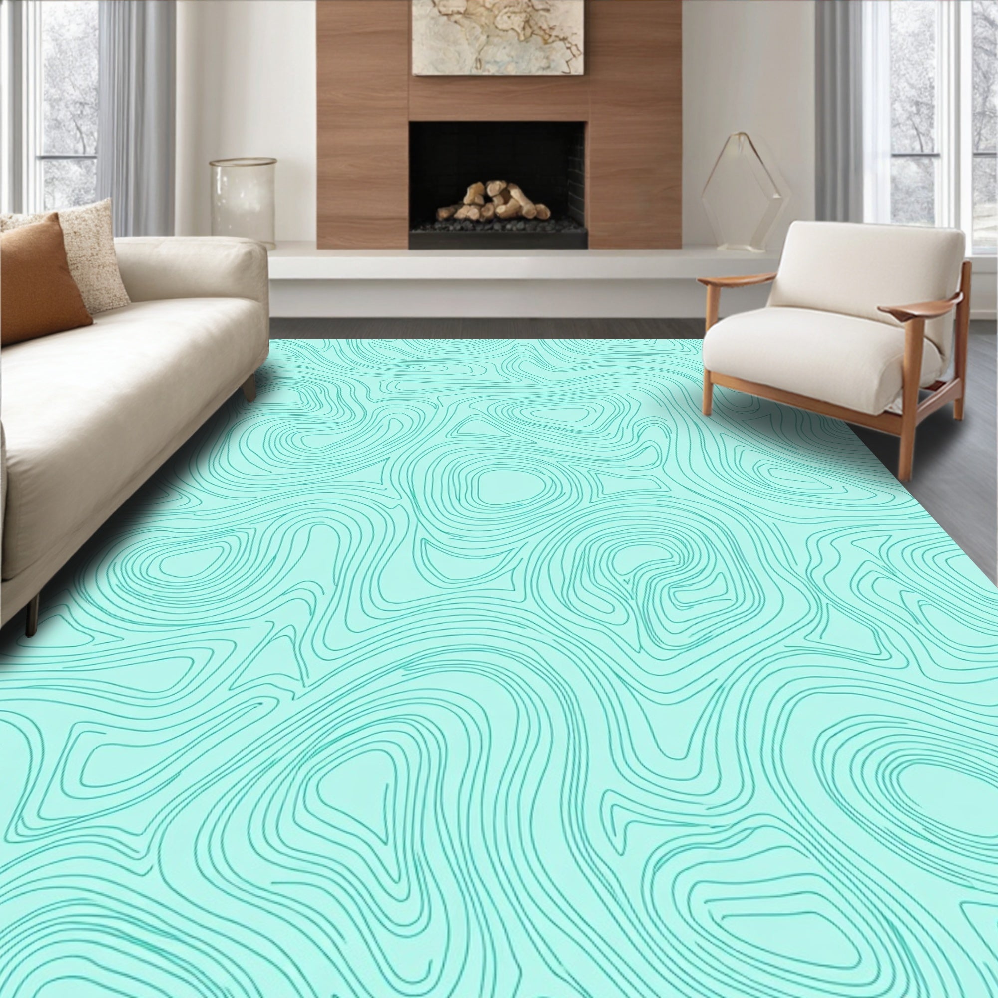 Aqua Topographic Contour Lines Rug
