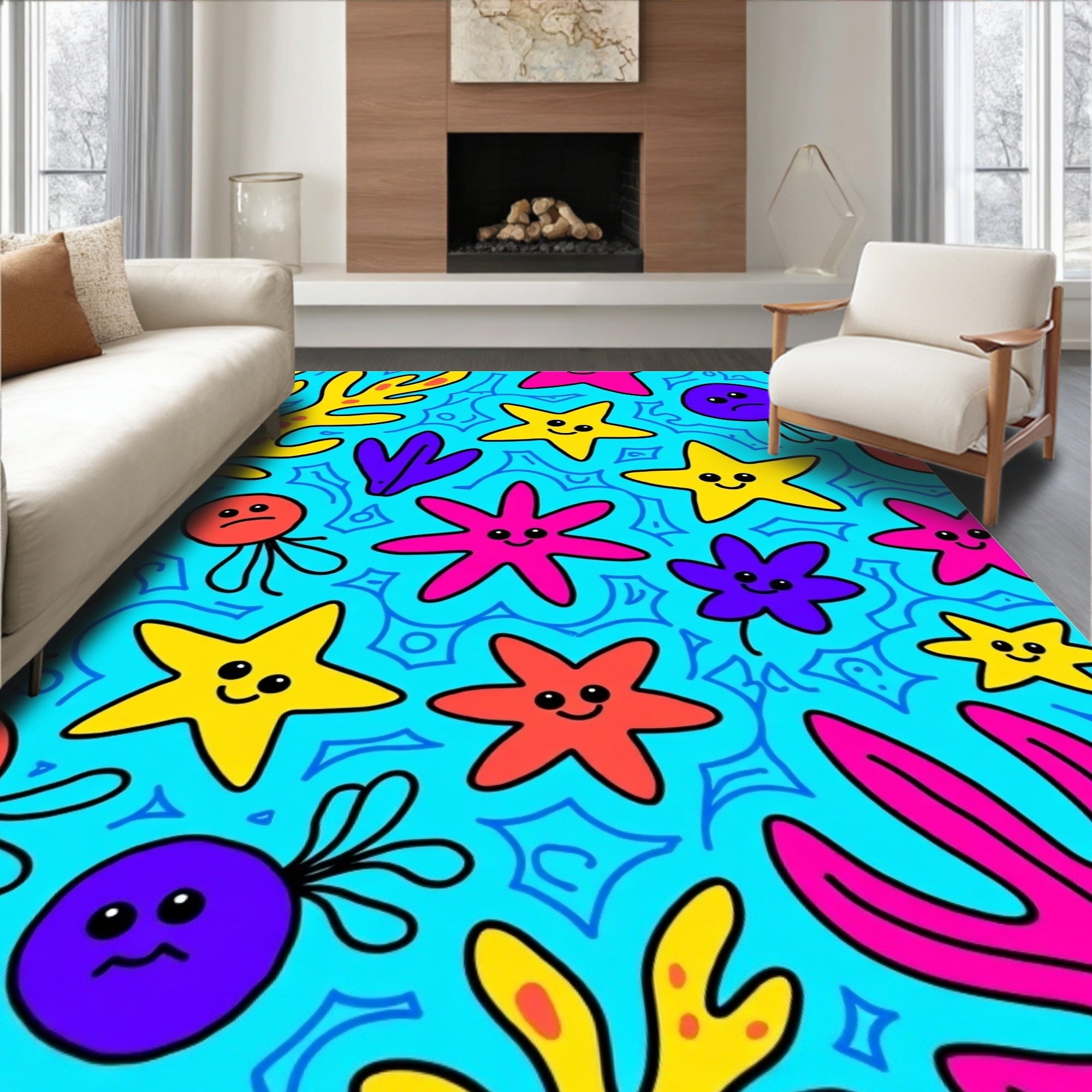 Vibrant Under the Sea Starfish Jellyfish Rug