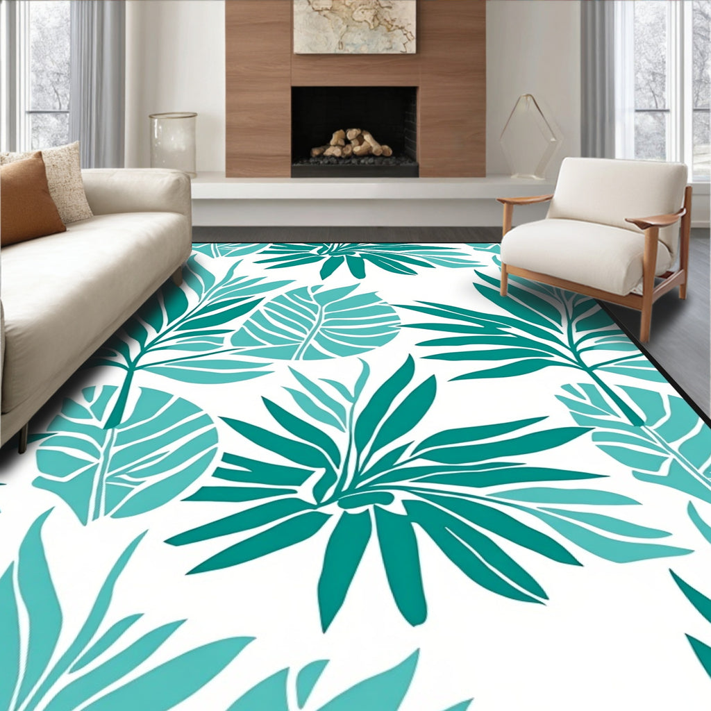 Teal Tropical Leaf All Over Rug