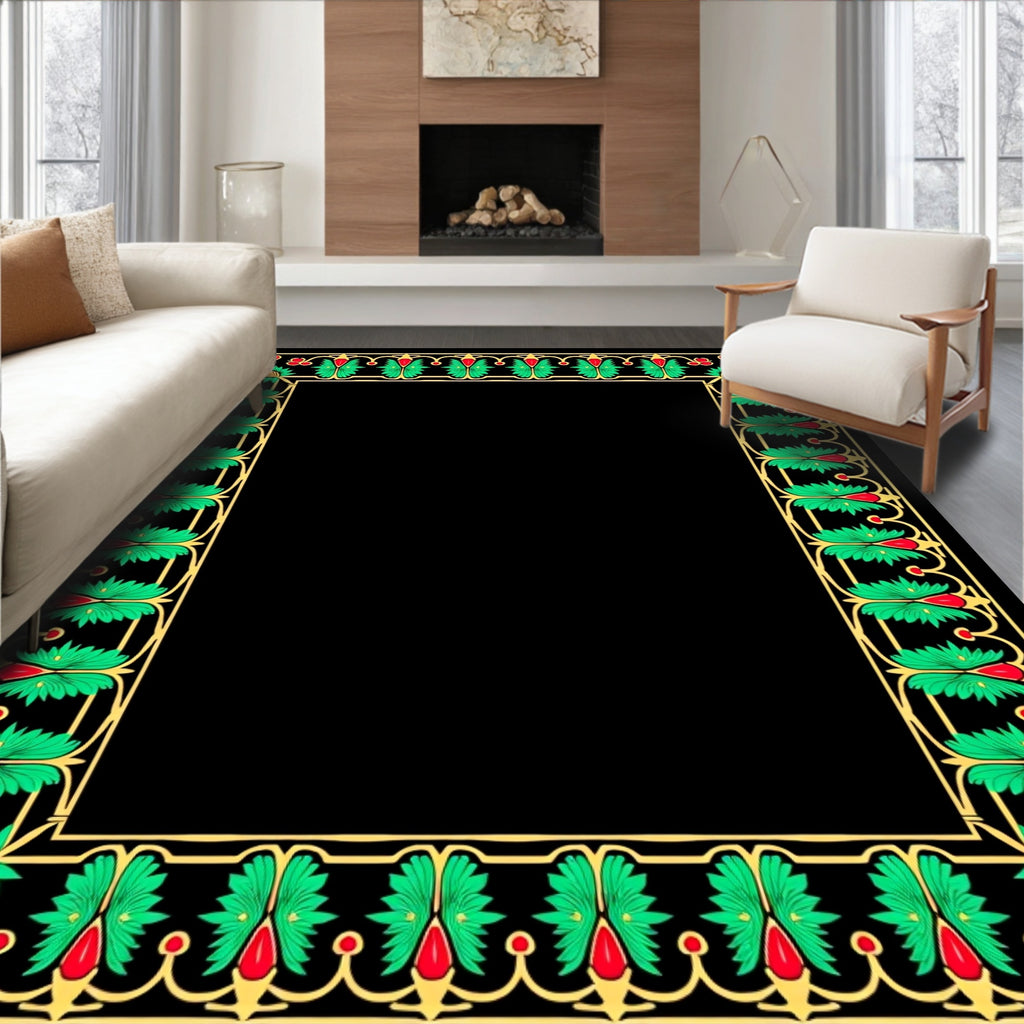 Ornate Green Gold Floral Border Rug