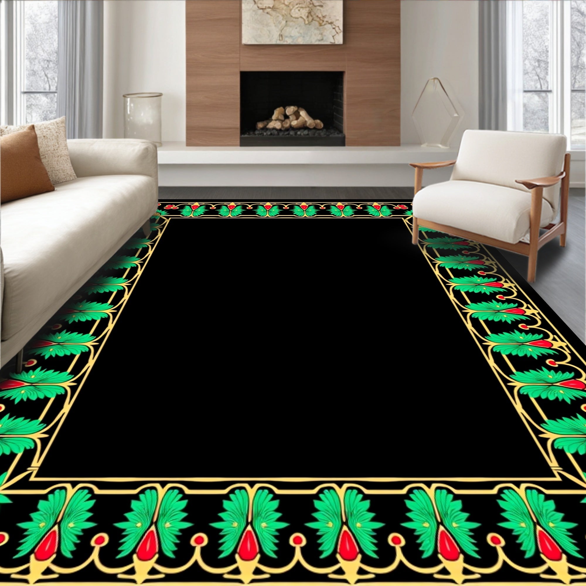 Ornate Green Gold Floral Border Rug