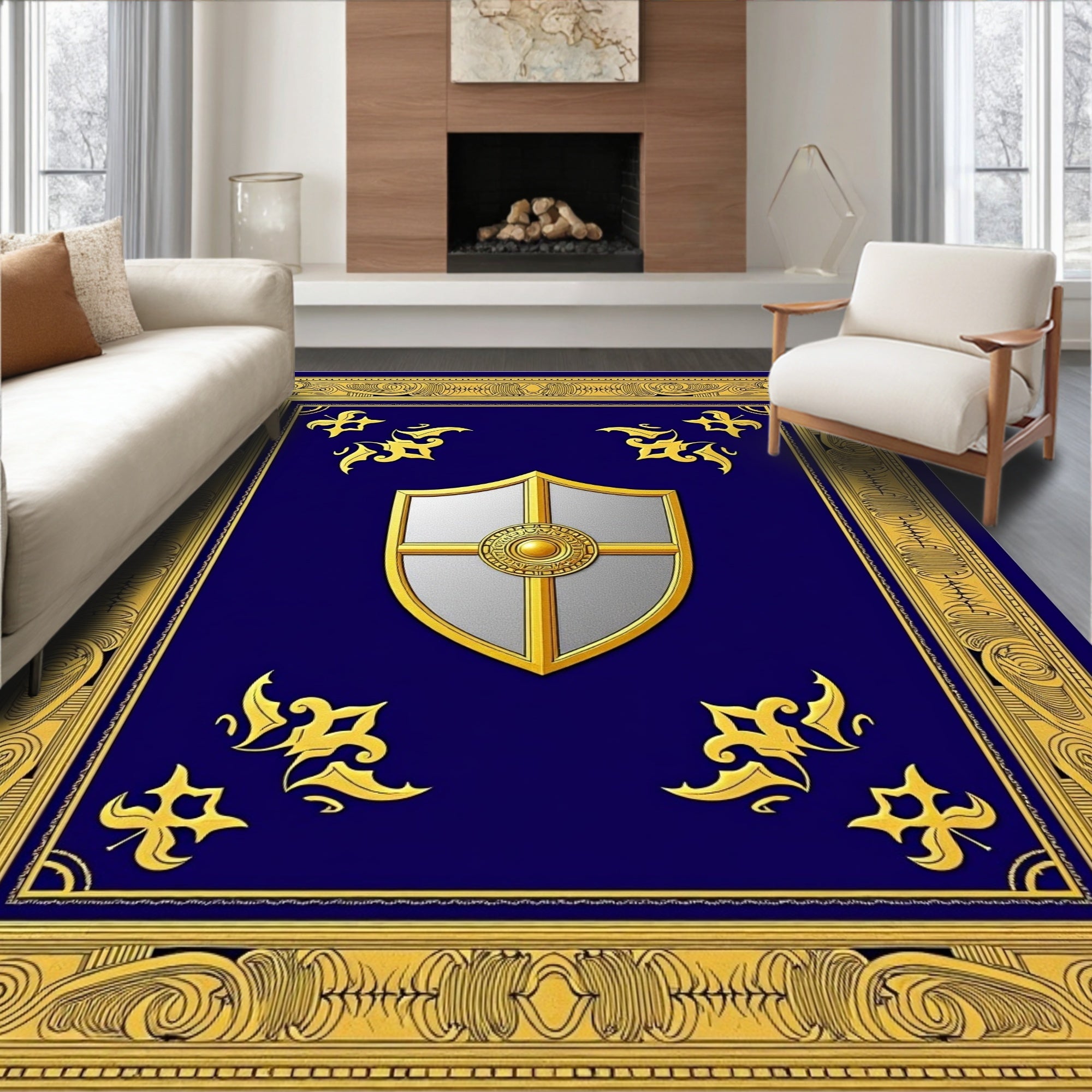 Royal Blue Golden Shield Emblem Rug