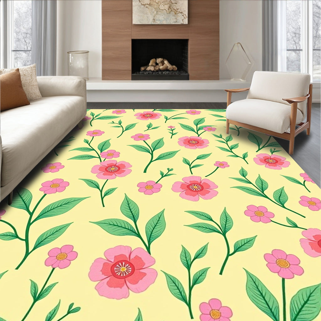 Pink Floral Garden Yellow Background Rug